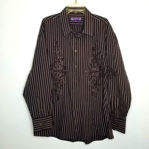 Empra Shirt Mens 2XL Brown Tan Stripe Button Up Embroidered Long Sleeve